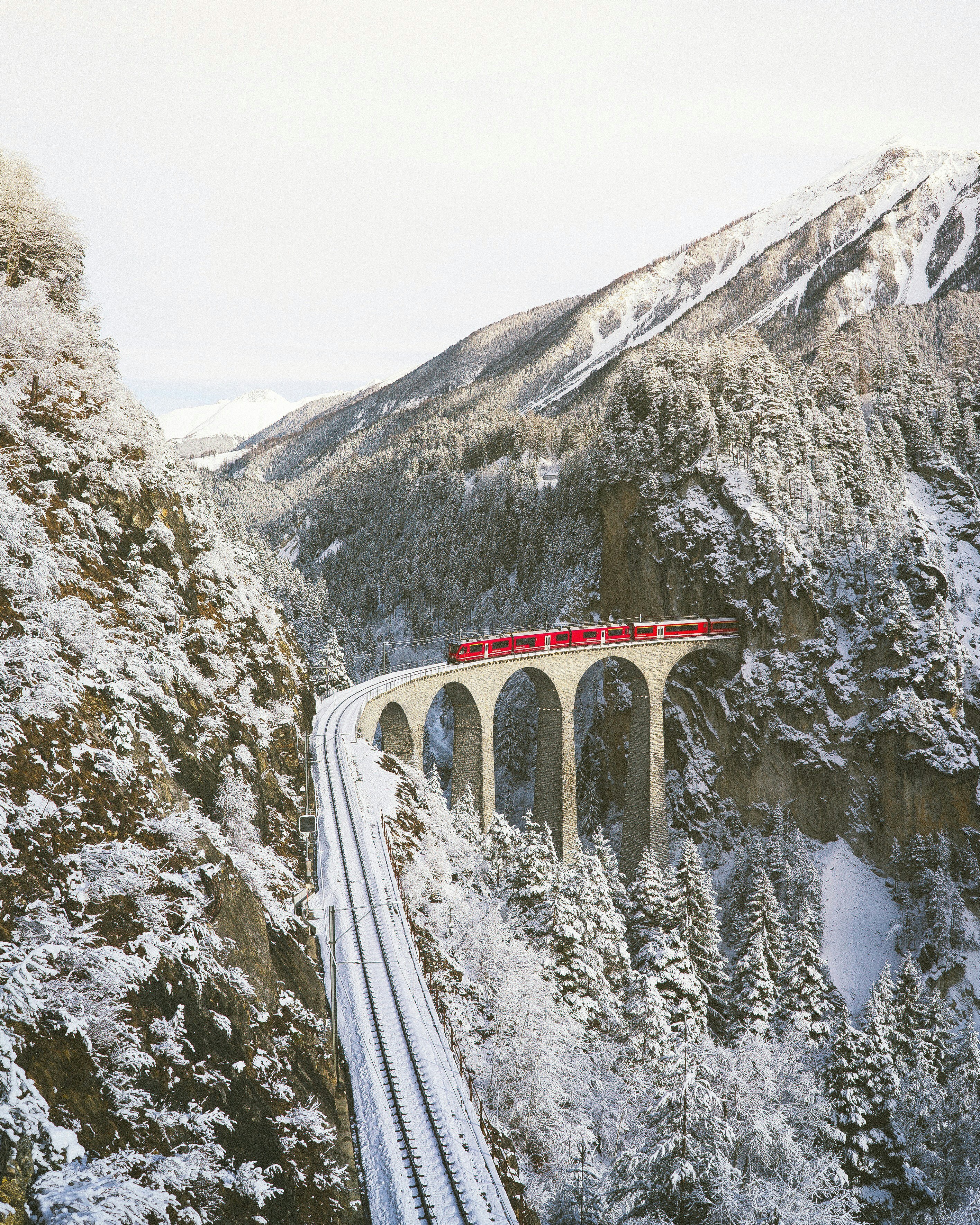 Red train on a bridge in the mountains